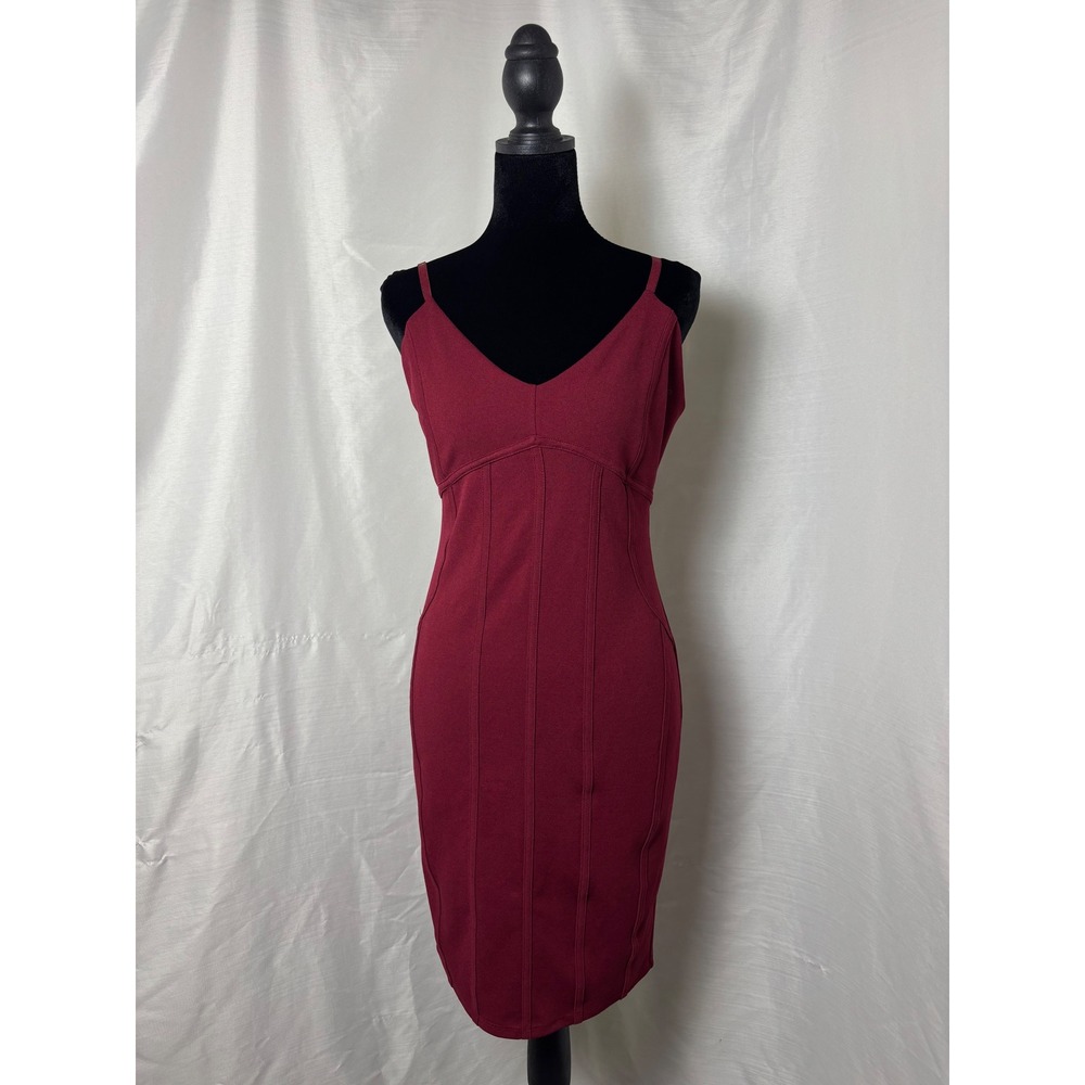 Iris Burgundy Bodycon Midi Dress V-Neck Seamed Corset Style Wine Red Large
